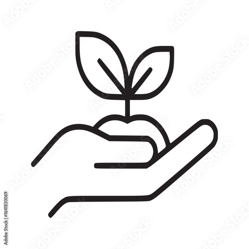 Line drawing of a hand holding a small plant with two leaves on a white background simple illustration