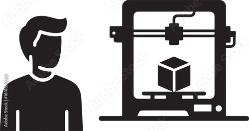 Icon of a man looking at a 3D printer creating a cube.