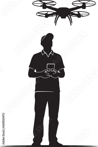 Silhouette of a man operating a drone with a remote control