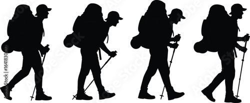 Hiker silhouettes walking with backpacks, trekking poles, outdoor adventure vector set, mountain hiking illustration, black and white isolated travel graphic design