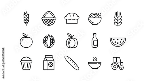 Vector art of set of simple line icons depicting food and agriculture items such as fruits, vegetables, grains, baked goods, and farming equipment, isolated