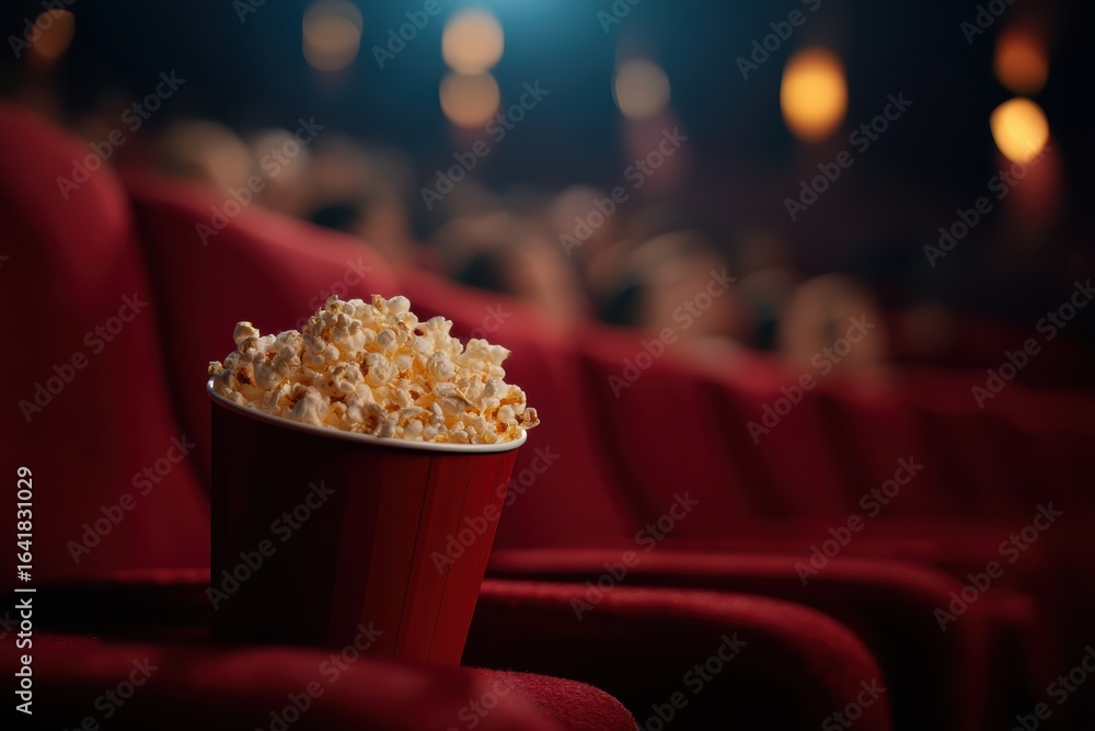 A bucket of popcorn sits on a red theater seat in a dimly lit cinema, with an audience blurred in the background A bucket of popcorn sits on a red theater seat in a dimly lit cinema, with an audience blurred in the background