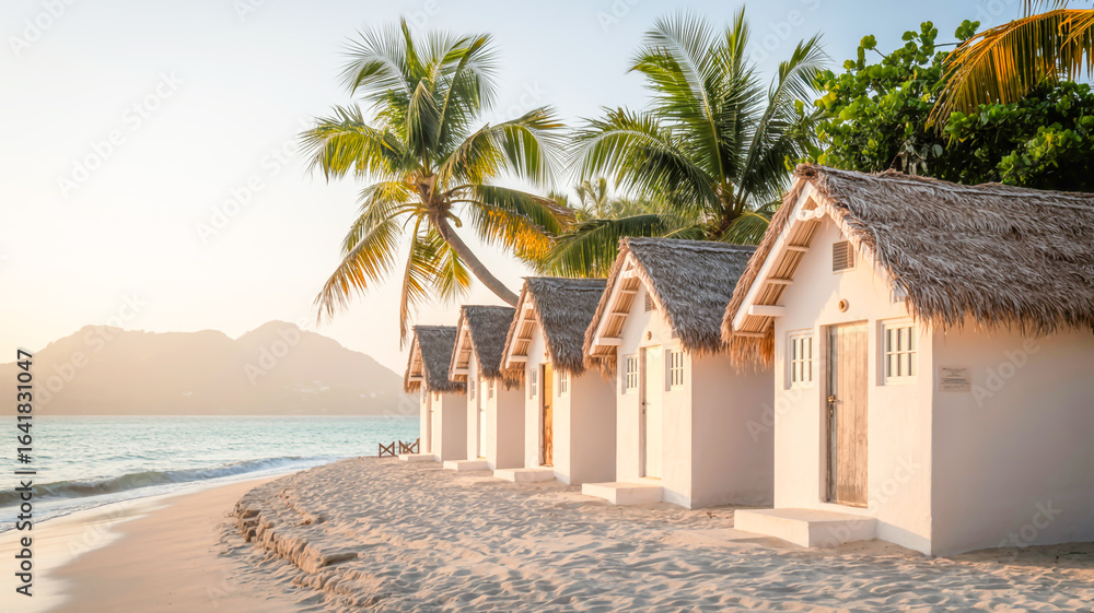 Fototapeta premium A serene beachfront scene with four white beach huts with thatched palm roof structures lined up along a pristine shoreline.