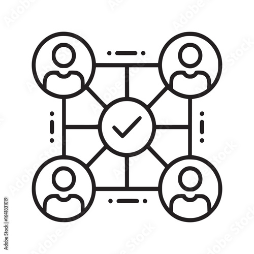A network of four people connected to a central node with a check mark in a black and white icon