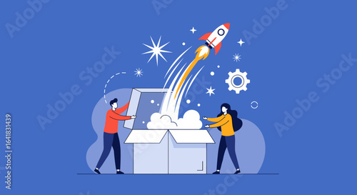 Business startup launch with a rocket emerging from a box