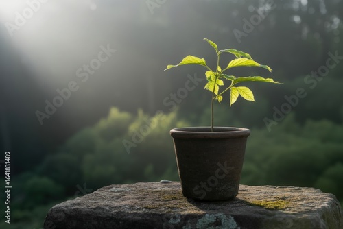 Young plant growing in a pot bathed in morning sunlight