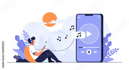 Enjoying music on a smartphone with headphones and beautiful scenery
