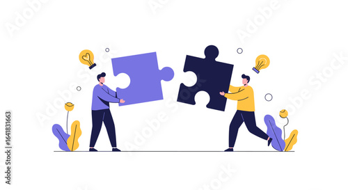 Two people connecting puzzle pieces together to represent collaboration and problem solving