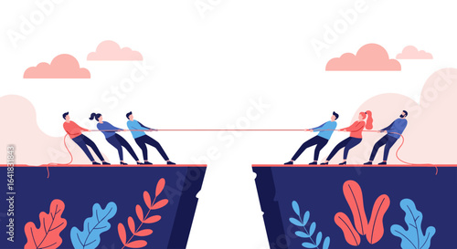 Teams in a tug of war competition on opposite sides of a cliff edge