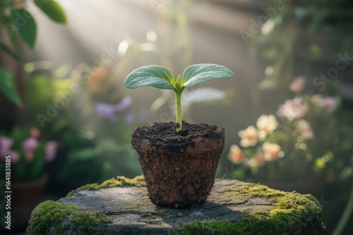 Young plant growing in a pot bathed in sunlight