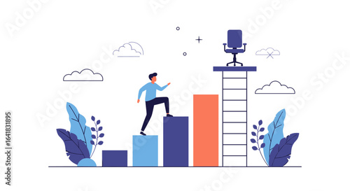 Person climbing stairs towards a vacant office chair representing career advancement and professional growth