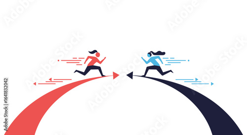 Two businesswomen running on opposite paths towards each other in a competition