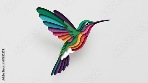 Colorful Paper Cut Out Hummingbird Illustration against White Background Detailed and Intricate Layers with Vibrant Colors