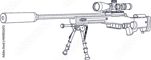 Outline drawing of a sniper rifle with bipod and scope sight
