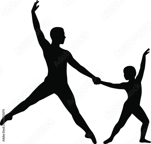 silhouette of adult and child dancing, ballet pose illustration, family dance art, performing arts vector, parent child movement, black outline design
