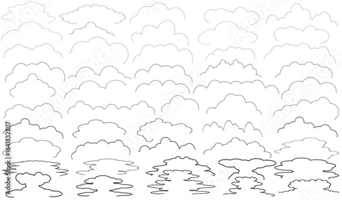 50 kinds of thick and thin line scribbles to complete the image of clouds, leaves, grass, sea waves isolated on a white background. Vector