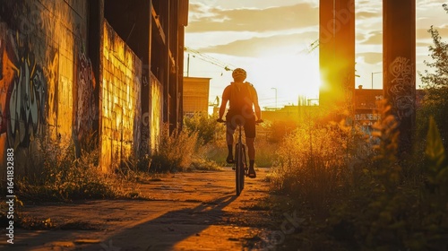 Urban explorer biking through abandoned factories graffiti art and golden hour light