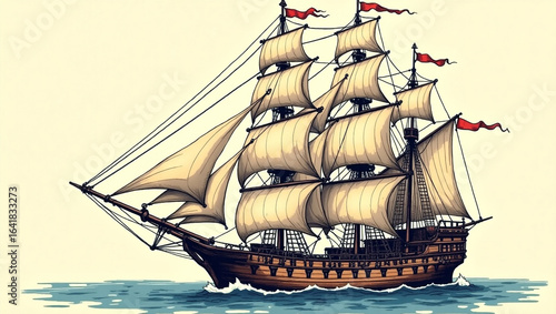 Ornate Pirate Ship With Beautiful Woodwork Details and Rigging