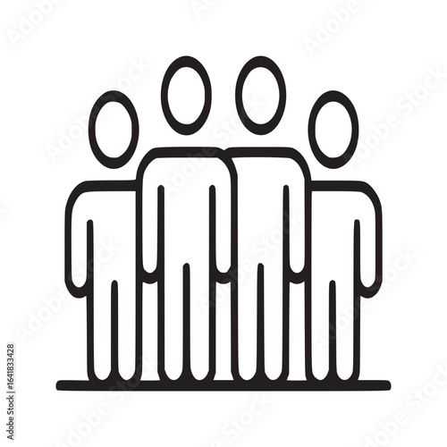 A simple line drawing of four people standing in a row with circle heads and rectangular bodies