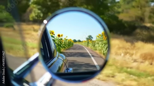 Car side mirror reflecting a country road lined with sunflowers on a sunny day