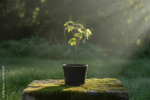 Young plant growing in a pot on a mossy surface in sunlight