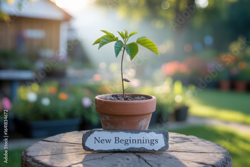 Young plant sprouts in pot with new beginnings sign in garden