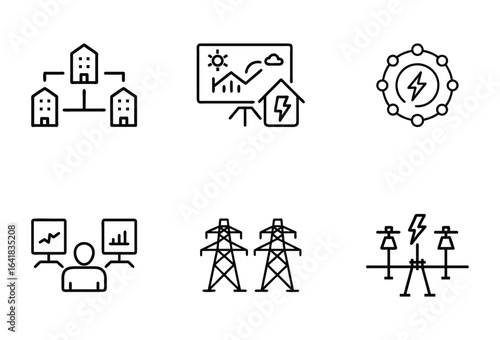 Energy Management Line Icons Set, Power Grid, Renewable Analysis, Electricity Vector