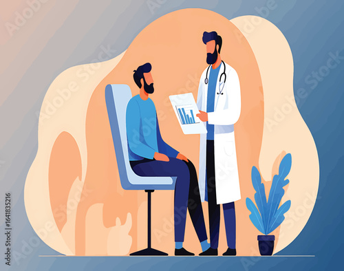 Doctor discussing medical test results with a male patient during a clinic consultation. Vector illustration of healthcare.