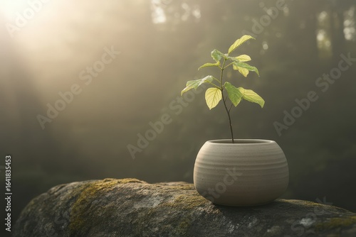 Young plant in a pot bathed in golden sunlight outdoors