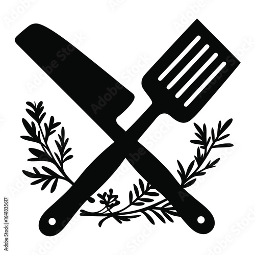 Culinary Craftsmanship Emblem: A minimalist illustration showcases a crossed knife and spatula, embellished with botanical elements, symbolizing the art and precision of cooking.