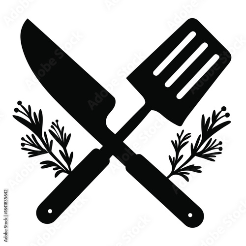 Culinary Craftsmanship: A striking monochrome depiction of a knife and spatula crossed, with intricate details, embodies the art of cooking. It's complemented by sprigs.