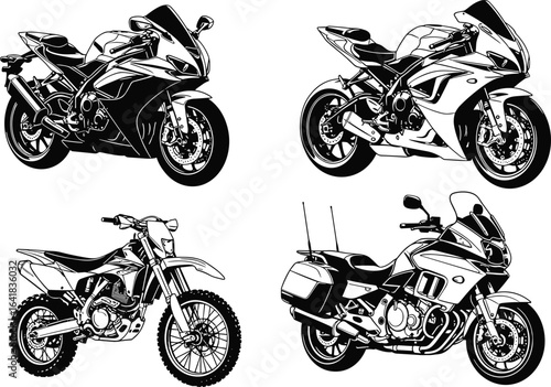 Motorcycle silhouettes collection, sportbike, dirt bike, touring motorcycle, vector illustration set, black and white design, motorbike clipart for graphic design projects