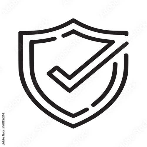 A simple black and white line drawing of a shield with a check mark inside on a light gray background