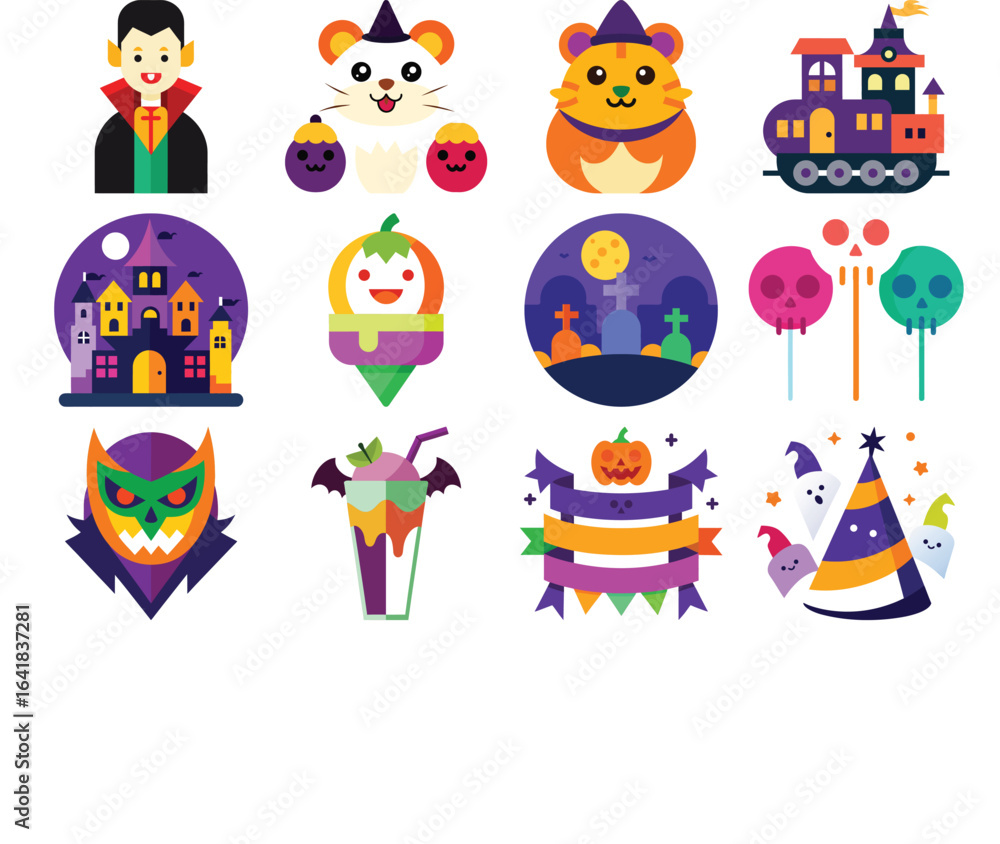 Fototapeta premium Halloween Cute Cartoon Vector Set – Vampire, Haunted House, Ghosts, Spooky Food, and Party Elements
