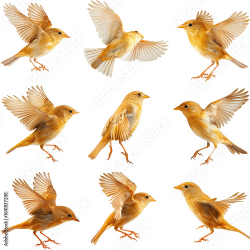 Yellow birds flying, perched, studio shot, black background, graphic design element