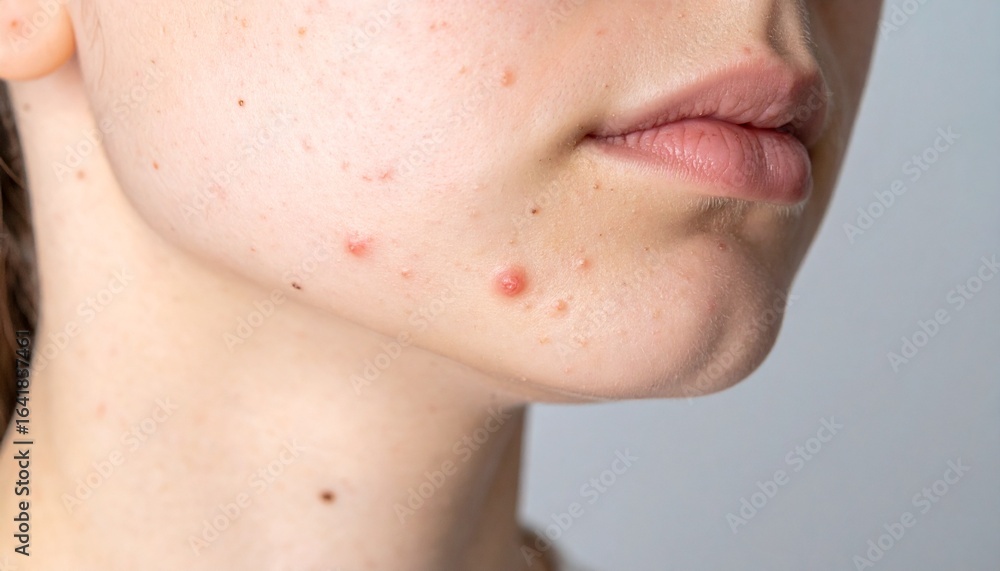 Obraz premium A close-up shot highlighting skin affected by acne with blemishes and textures