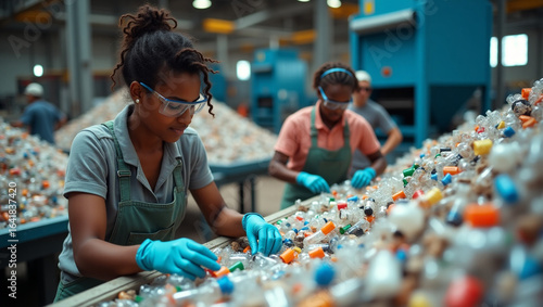 Industrial Plastic Recycling Plant Workers Sorting Waste Materials