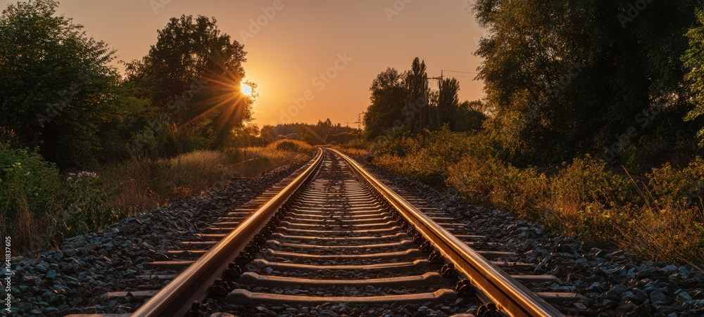 Fototapeta premium The serene railway track at sunset through a beautiful natural landscape
