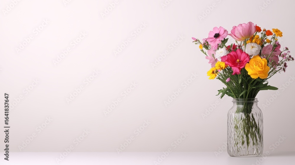 Fototapeta premium A vibrant bouquet of assorted flowers in a clear glass vase against a soft background, perfect for use in home decor, floral design, or marketing materials related to beauty and nature,
