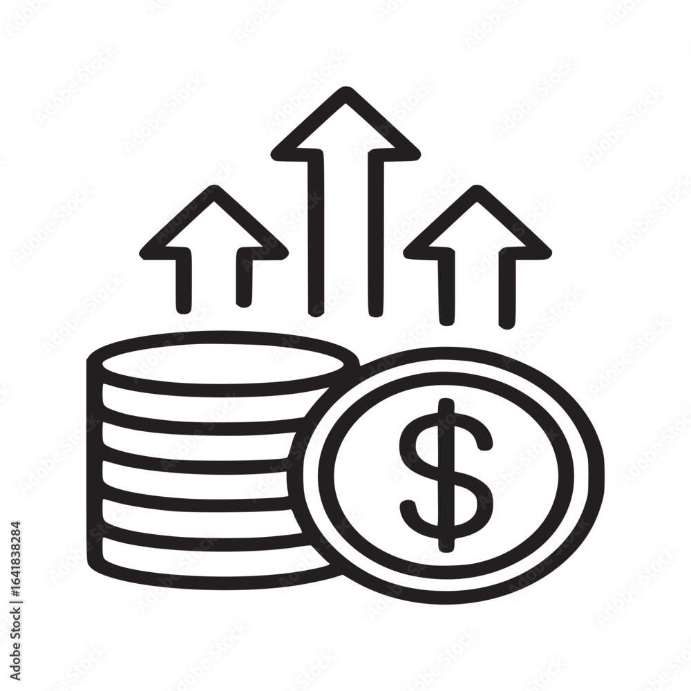 A line drawing of stacked coins with a dollar sign and upward pointing arrows on a white background A line drawing of stacked coins with a dollar sign and upward pointing arrows on a white background