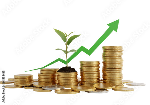 Concept of successful financial growth and sustainable investment with a plant growing on stacked gold coins