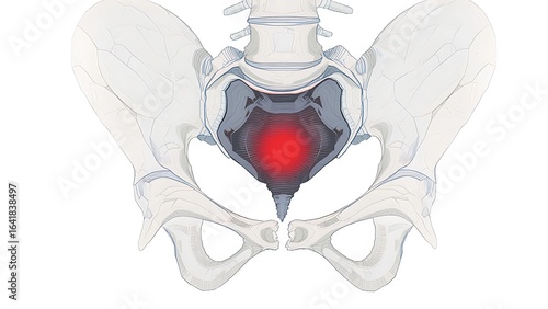 Human Pelvis Anatomy with Sacral Coccyx Pain Highlight: Medical Illustration of Lower Back Discomfort