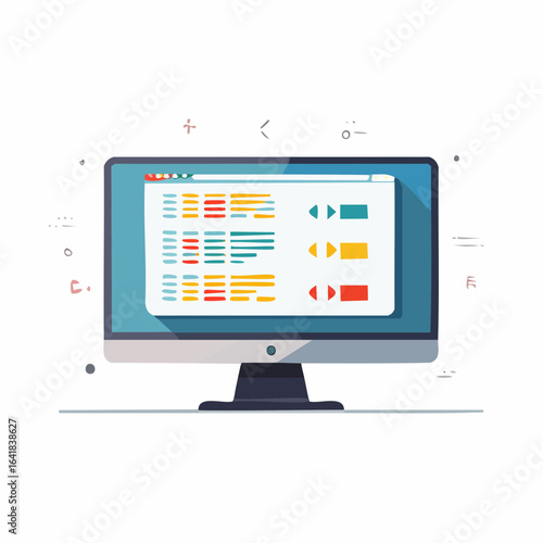 A modern computer monitor displaying a data table with colorful rows and navigation controls.