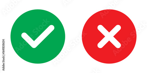 Check mark and cross mark icon buttons. Colourful check box icons. Right and wrong buttons. Yes or no checkmark icon. Green tick box and red cross box on white background. EPS 10. 