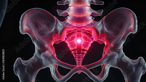 3D rendering of human pelvis and sacrum with glowing red pain, medical illustration of lower back or pelvic discomfort
