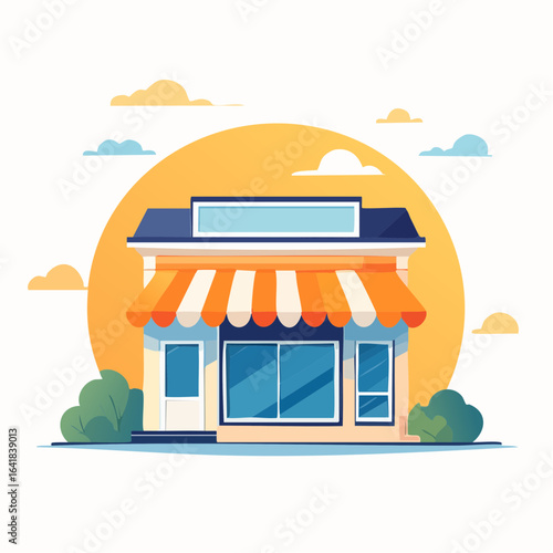 Illustration of a cartoon-style storefront with a striped awning, set against a warm, sunny background.