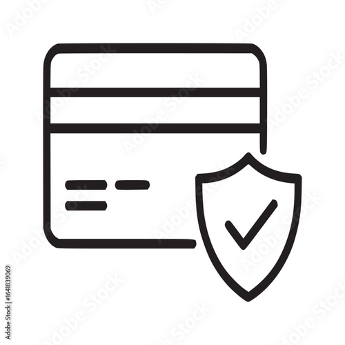 A line art illustration of a credit card with stripes and a shield with a check mark on a white background