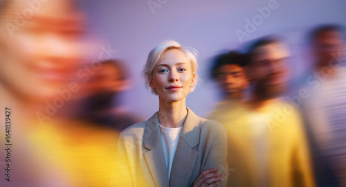 Calm and composed female professional centered in fast-moving crowd under warm purple and yellow lighting

