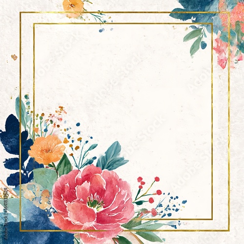 Floral Watercolor Frame With Golden Border For Graphic Design Projects.