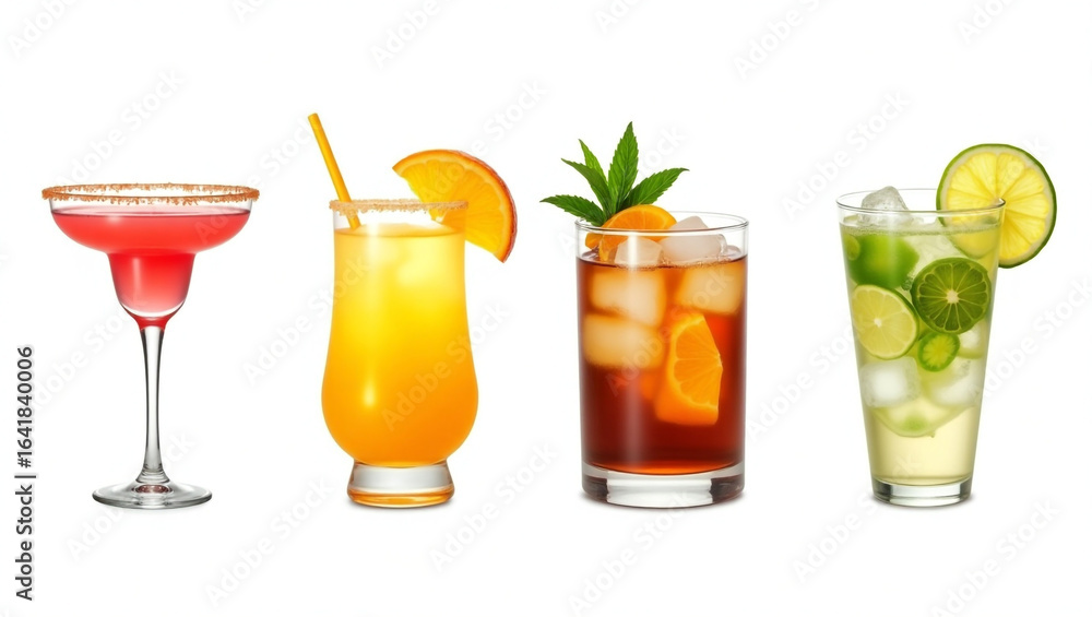 Fototapeta premium A Colorful Collection of Exotic Refreshing Cocktails With Tropical Garnishes